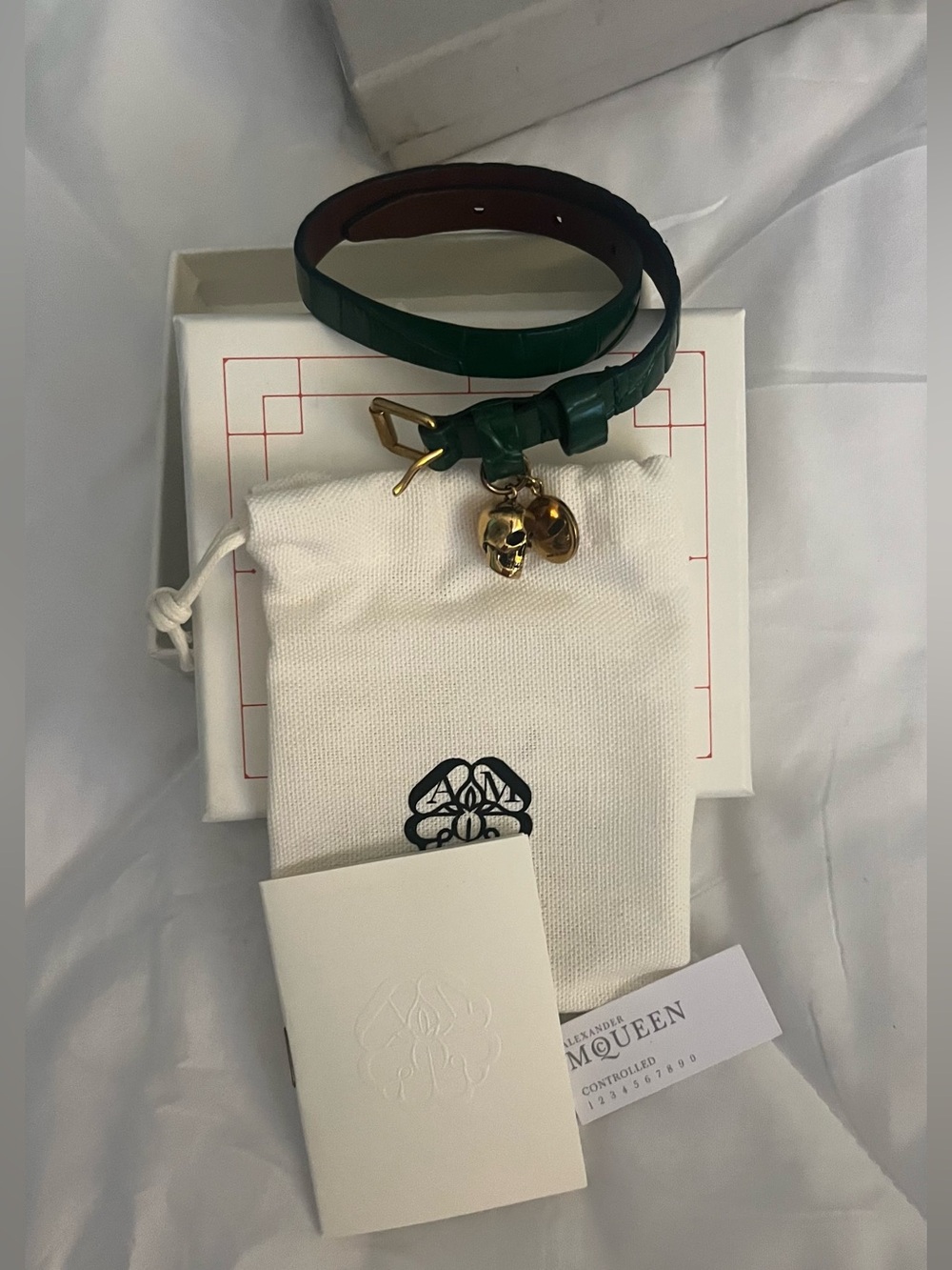 Alexander McQueen Green Leather Double-Wrap bracelet with Gold Skull Charm